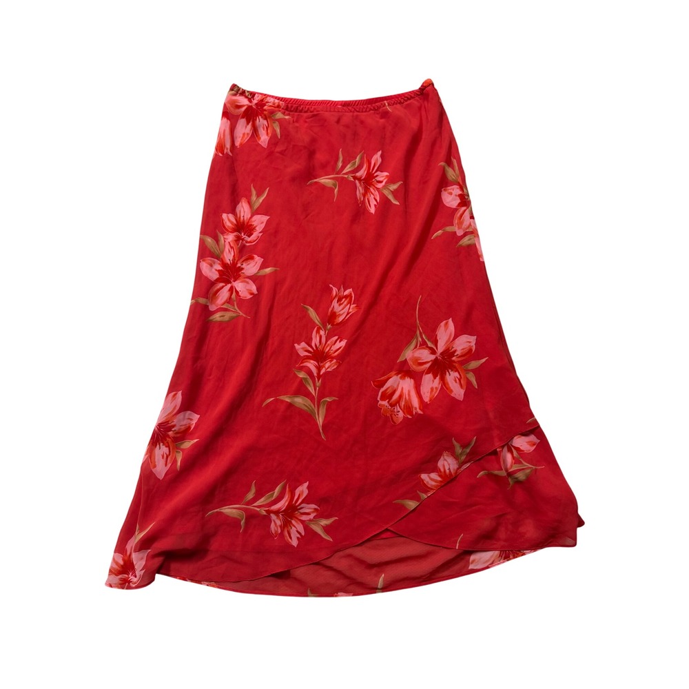 Y2K Red Floral Asymmetrical Midi Skirt Plus Size 14 Fairy Whimsy Romantic
